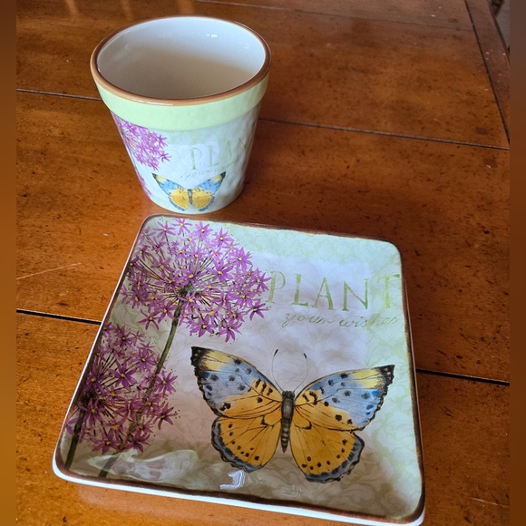 New Susan Winget butterfly floral "Plant your wishes"Herb Pot And Accessory tray - Picture 1 of 9